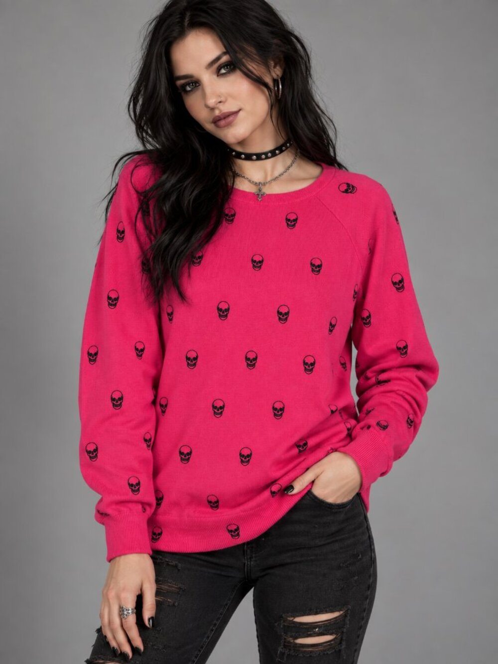 Torrid Pink Skull Print Sweater 100% Cotton Goth Halloween Size 2/2X